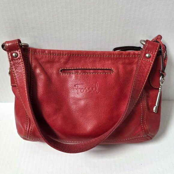 Fossil Purse Red Leather Hobo Boho Shoulder Bag - Picture 1 of 16